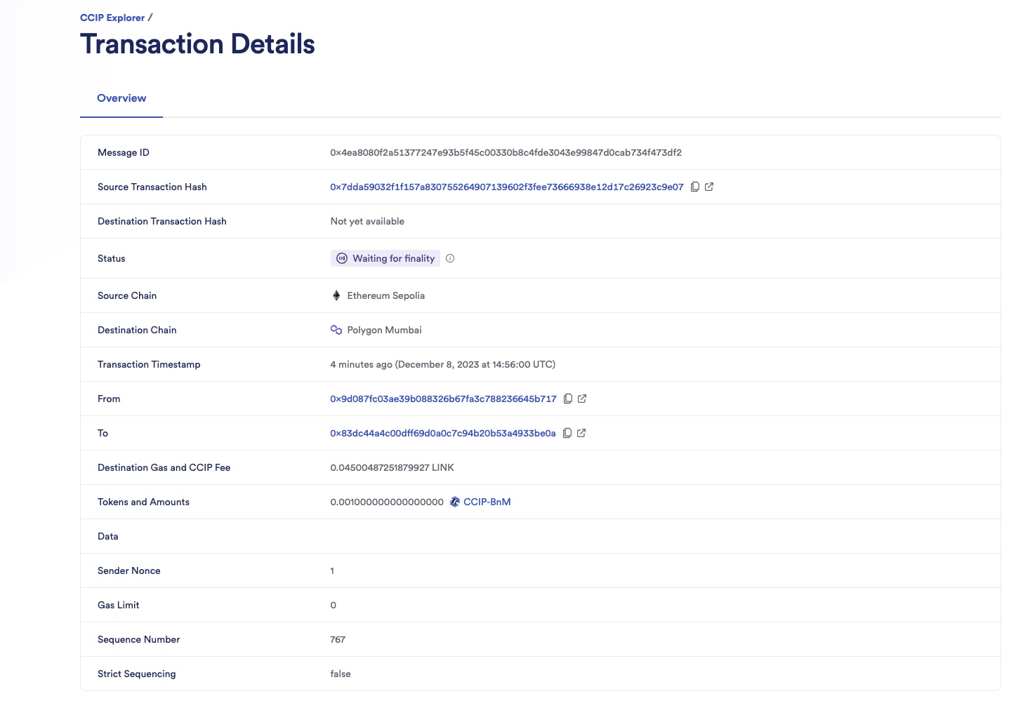 Chainlink CCIP Explorer transaction details